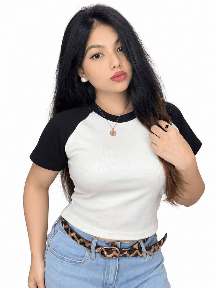 White & Black Two-Tone Ribbed Raglan Crop Top